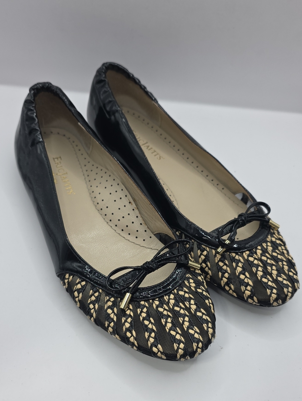 Eric Javits New York Black Shiny Patent Leather Mesh Toe Flats Size 7.5 M